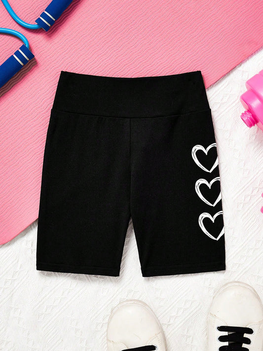 Young Girls' Casual Minimalist Heart Design Cycling Leggings, Suitable For Spring And Summer