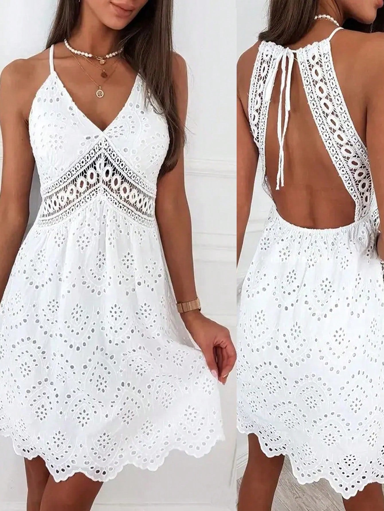 Women White Summer Vacation Hawaiian Style Short Dress Lace Open Back Spaghetti Strap Halter V-Neck Dress