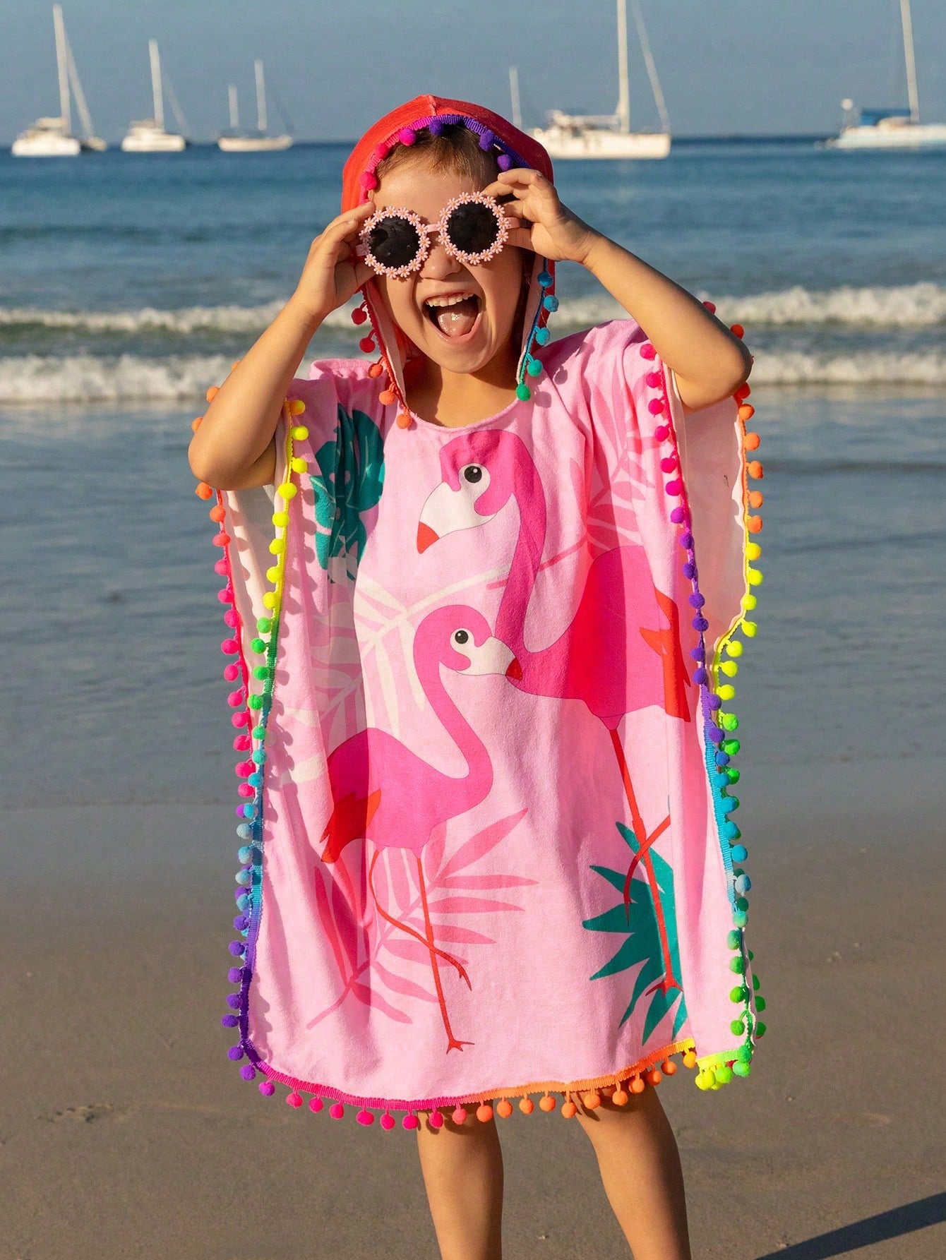 Young Girls' Flamingo Pattern Cover Up With Colorful Pom Pom Decor