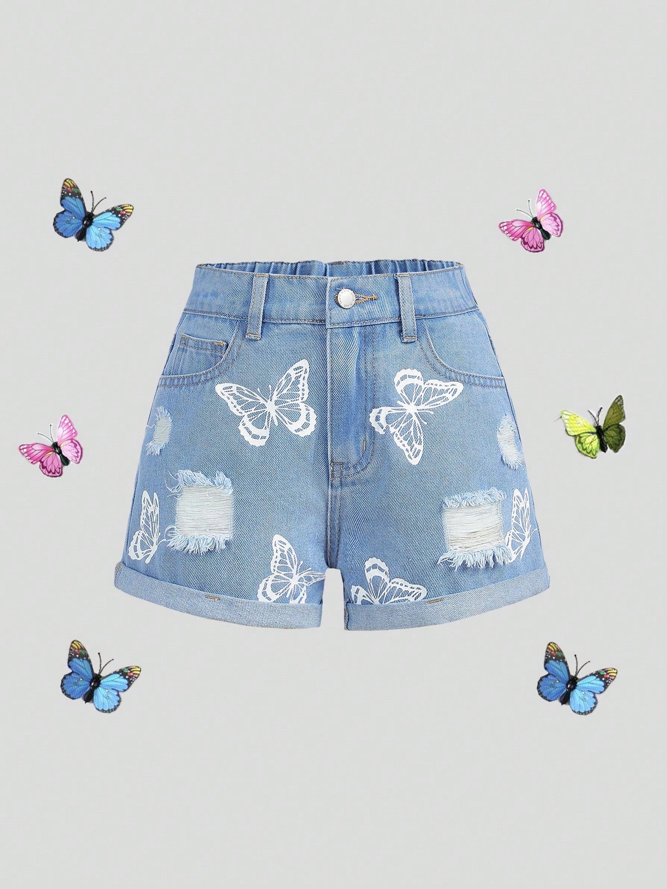 Tween Girls' Spring And Summer Boho Butterfly Print Ripped Rolled Hem Denim Jeans Shorts,Girls Summer Shorts Outfits