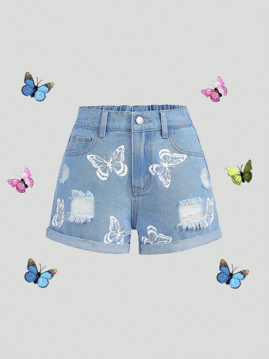 Tween Girls' Spring And Summer Boho Butterfly Print Ripped Rolled Hem Denim Jeans Shorts,Girls Summer Shorts Outfits