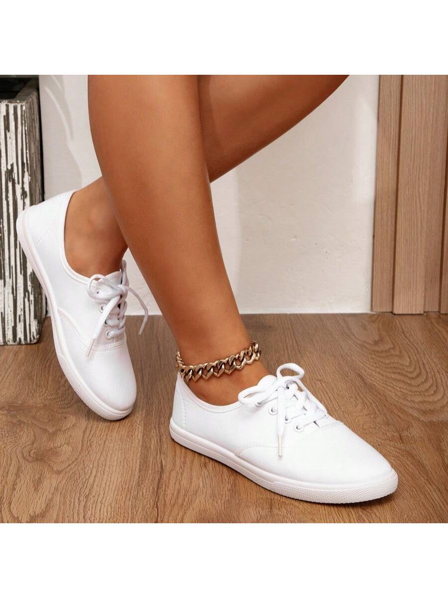 Women's Solid Color Canvas Flat Shoes, Round Toe Breathable Lace-Up Slip Resistant Shoes, Lady's Classic Canvas Flat Shoes, Solid Color Lace-Up Low-Cut Casual Shoes, Comfy Women's Footwear