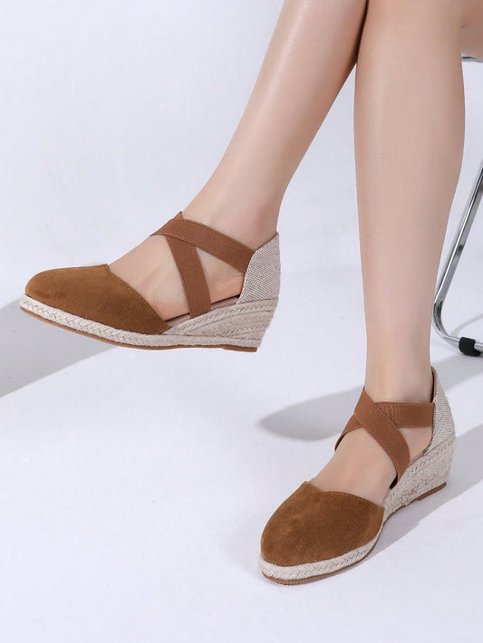 Fashionable Cross Elastic Band  Rope Hollow Thick Bottom Wedge Sandals