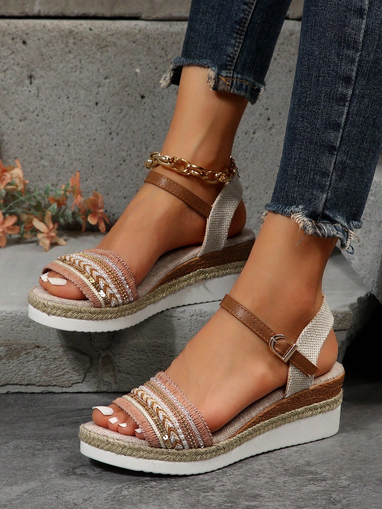 Women\ Colorful Fashionable Wedge Sandals, Bohemian Style, Perfect For Summer Beach Vacation And Casual Wear