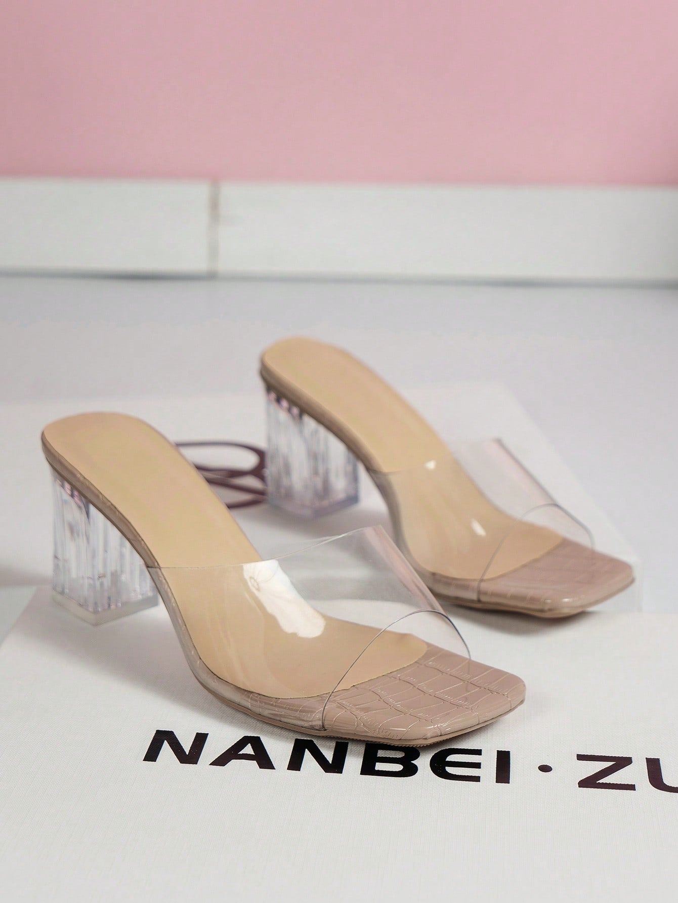 Party & Vacation Season Promotions, Classic Elegant Women's High Heel Sandals With Crystal Heel, Square Toe, Chunky Heel, Transparent Strap & Decorative Design For All Seasons In Coffee Brown Color
