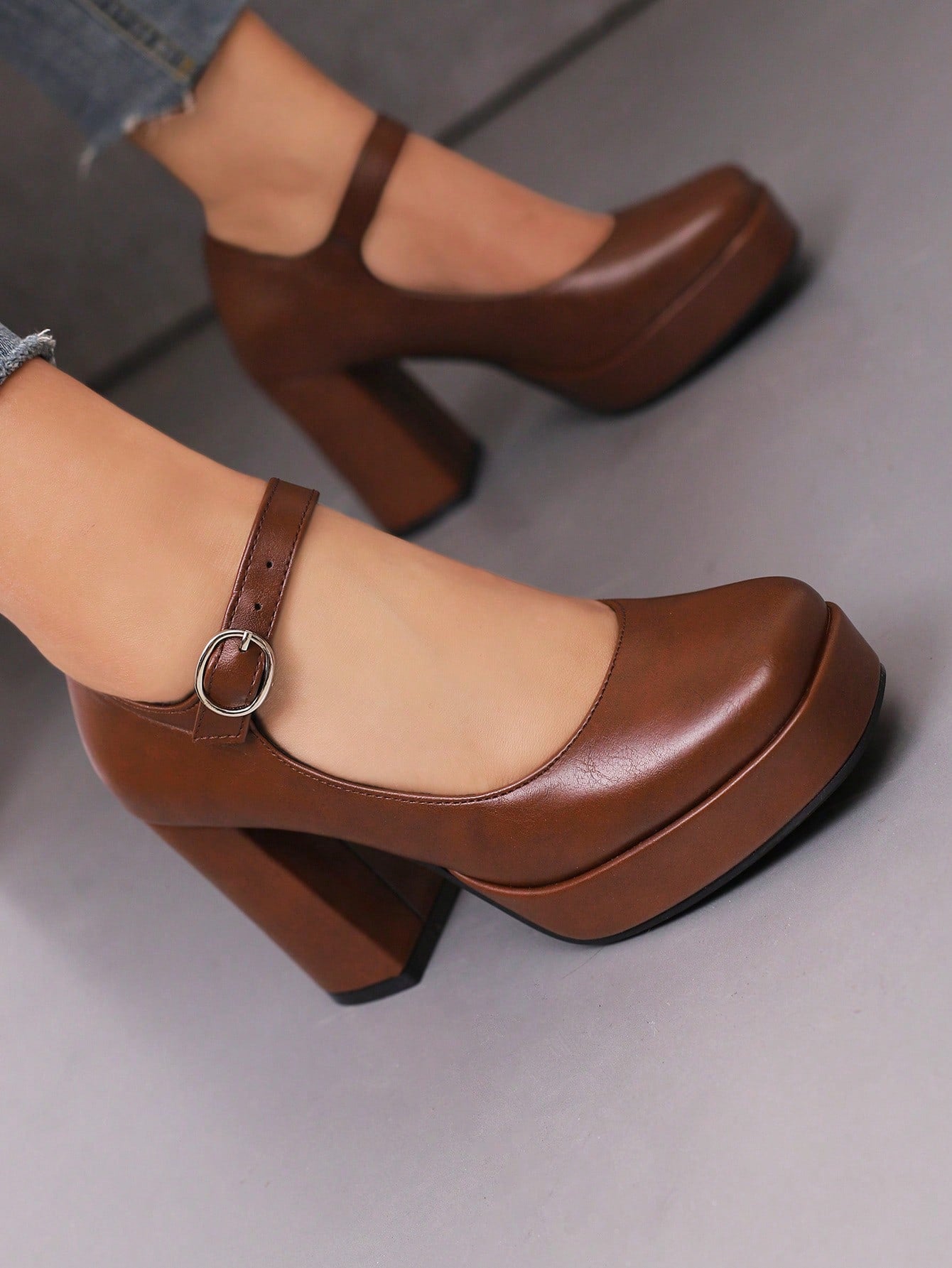 Brown Mary Jane Pumps With Chunky Heel & Platform In Pu Leather For Women, Spring And Autumn