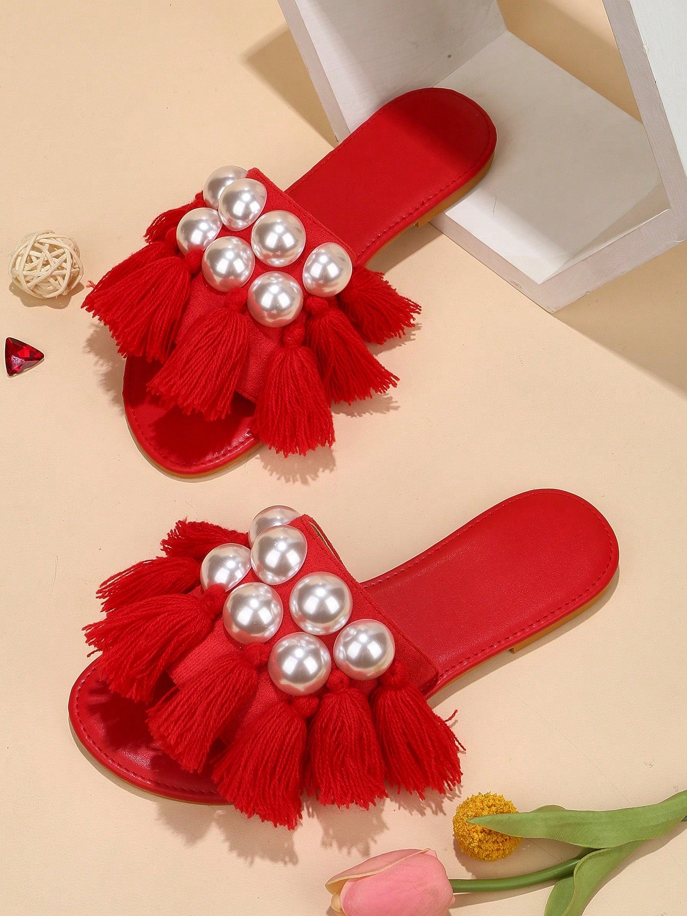 Fashionable Slide Sandals For Women, Faux Suede Faux Pearl & Tassel Decor Single Band Flat Sandals