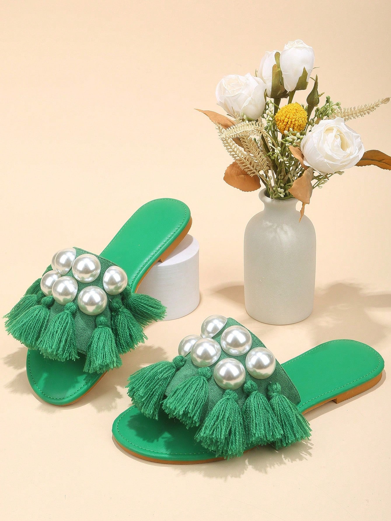 Fashionable Slide Sandals For Women, Faux Suede Faux Pearl & Tassel Decor Single Band Flat Sandals