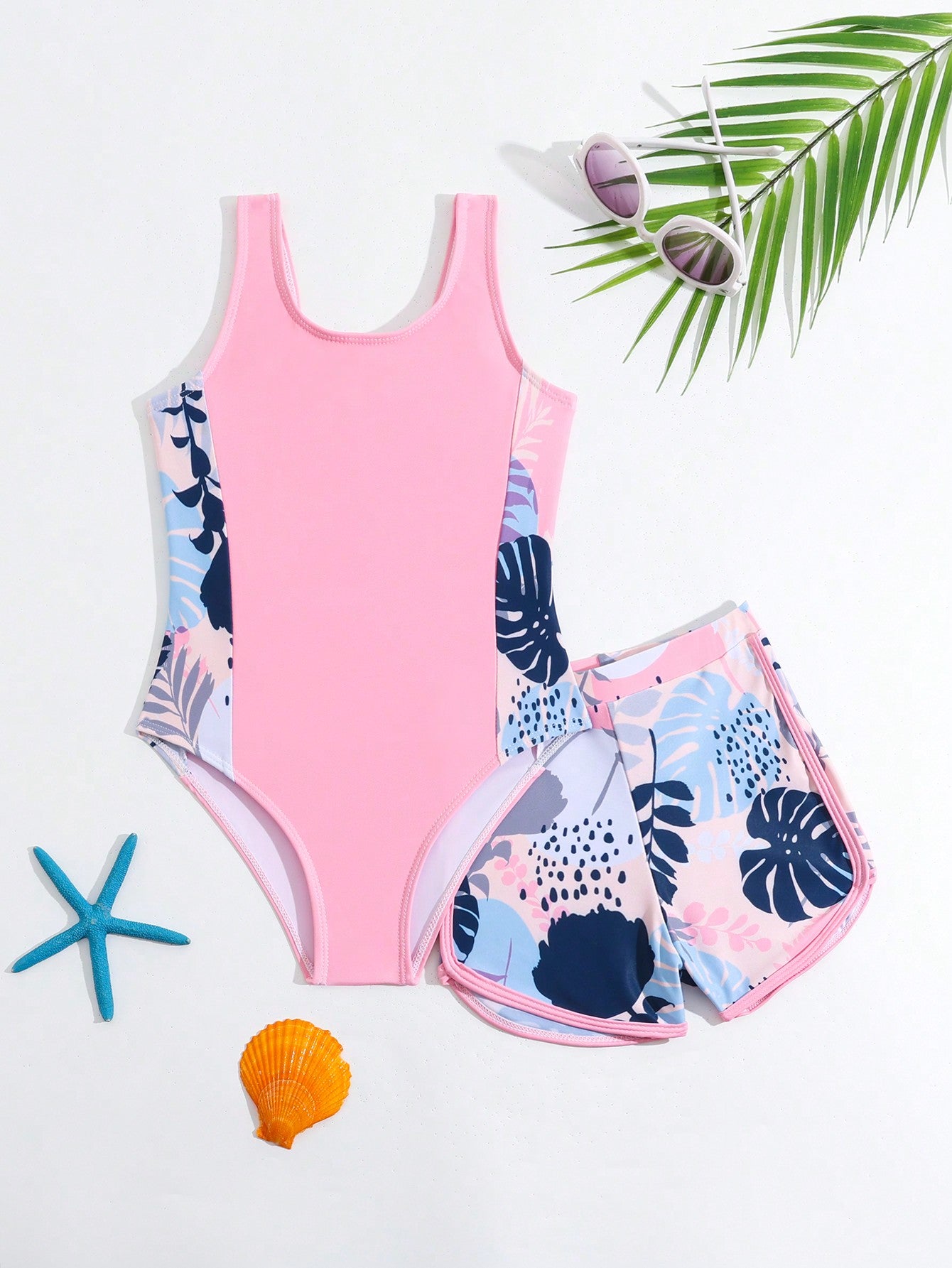 Young Girls' Tropical Print One-Piece Swimsuit With Swimming Trunks 2pcs/Set