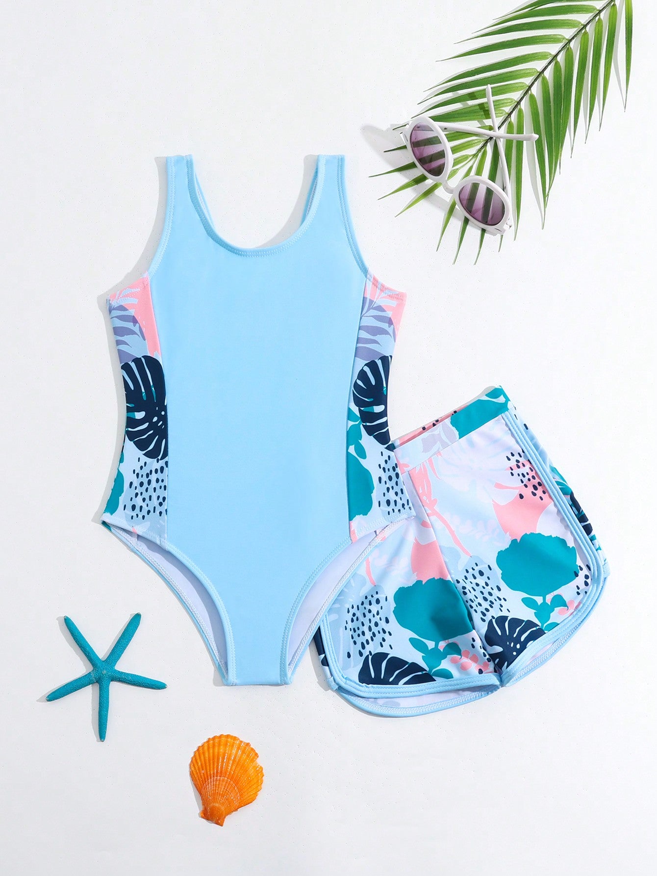 Young Girls' Tropical Print One-Piece Swimsuit With Swimming Trunks 2pcs/Set