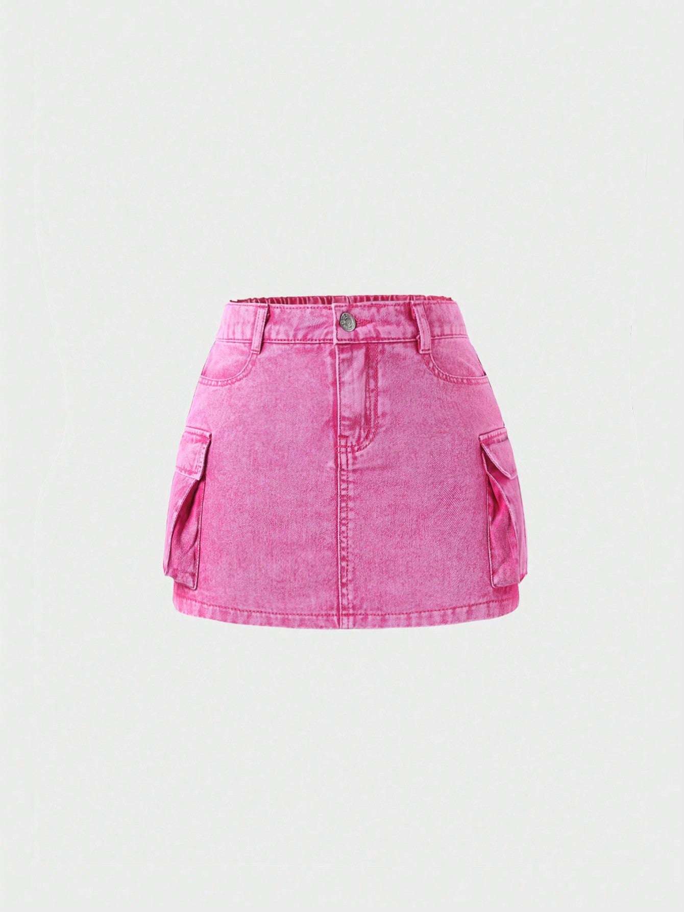 Tween Girl Vintage Y2K Style Casual Fitted Denim Skirt With Multiple Pockets, Skirt, Magenta