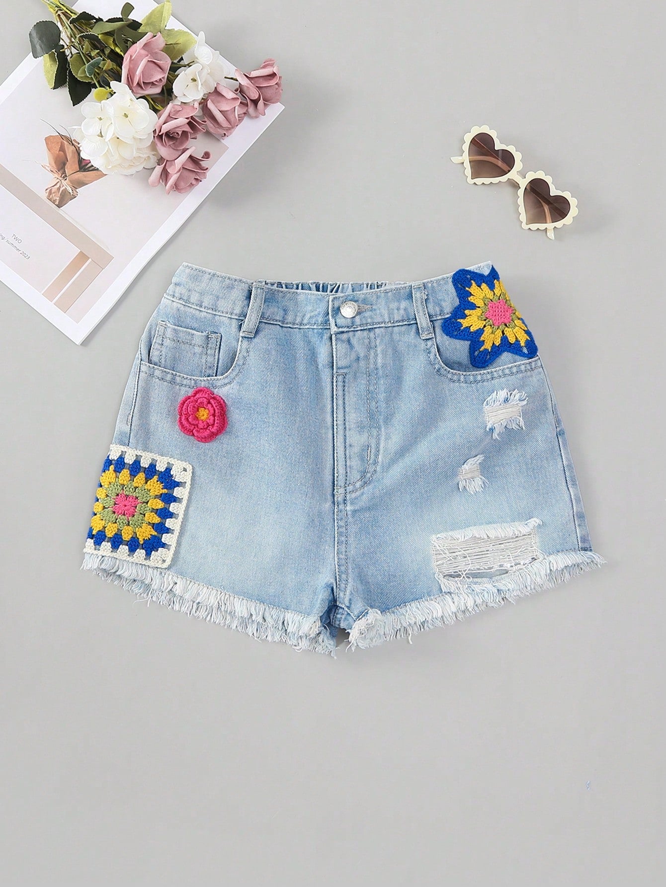 Tween Girls' Casual Vacation Style Crochet Detail & Flower Pattern & Distressed Light Blue Denim Shorts