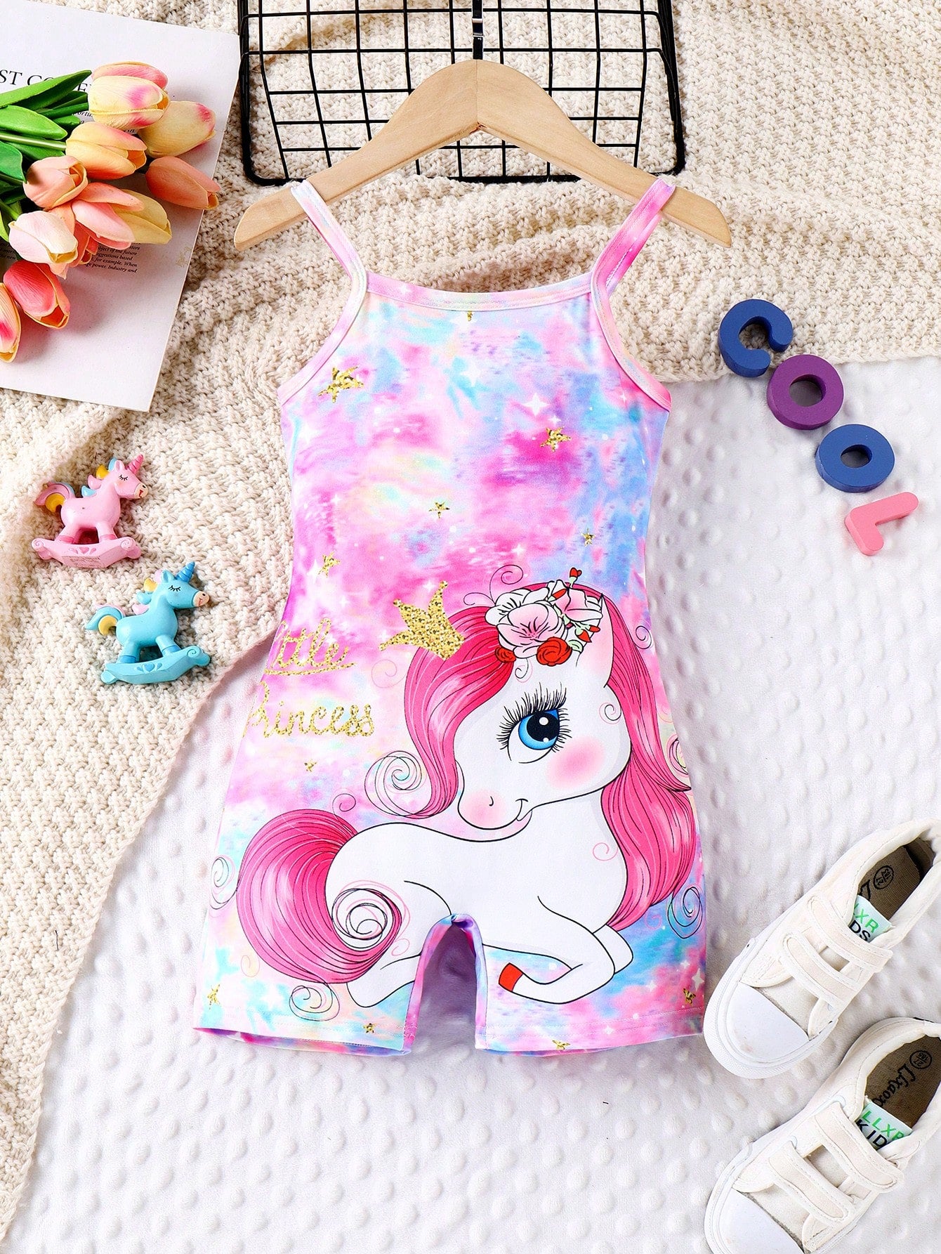 Young Girls' Lovely Cartoon Little Horse & Dopamine Design Simple Style Cami Jumpsuit