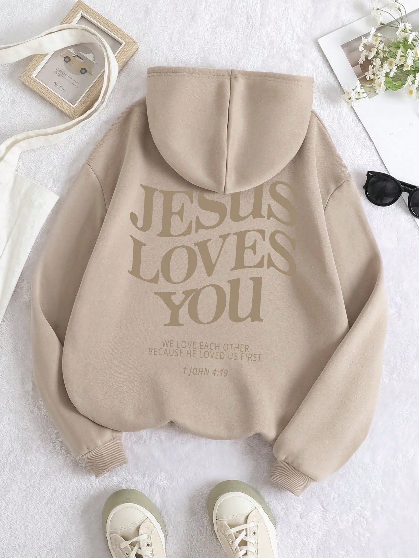 Women's Fleece Lined Hoodie With Slogan Print And Drawstrings, Suitable For Autumn And Winter, JESUS LOVES YOU WE LOVE EACH OTHER BECAUSE HE LOVED US FIRST 1 JOHN 4: 19