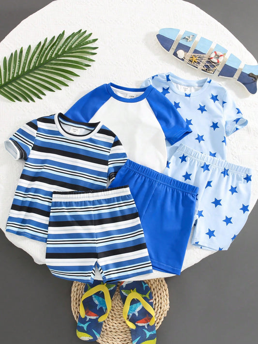 6pcs/Set Young Boys' Snug Fit Casual Contrast Stripe Star Print Short Sleeve Top And Shorts Home-Wear Set