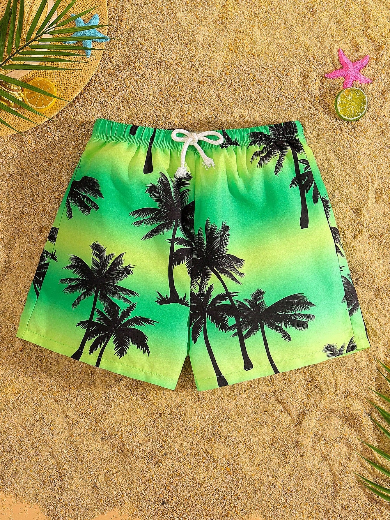 Teen Boy Casual Loose Fit Tropical Plant & Coconut Tree Print Beach Shorts With Four Pockets, Summer