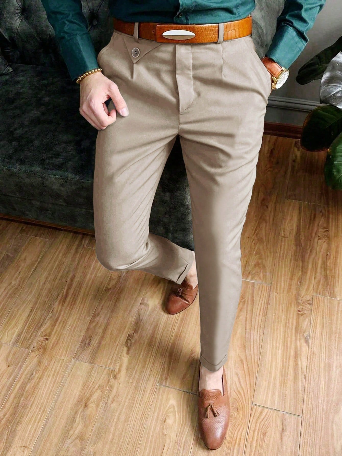 Men's Casual Tapered Suit Trousers With Button Detail And Slanted Pockets