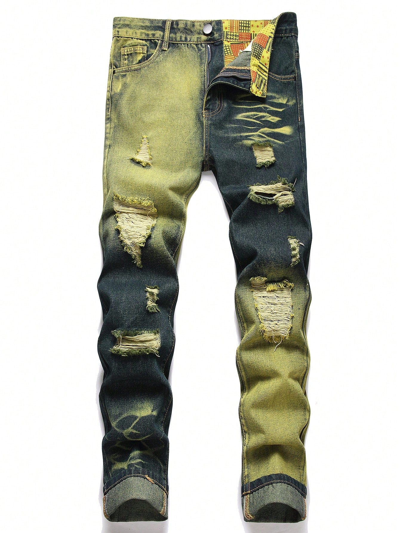 Men Cotton Patchwork Panel Ripped Frayed Bleach Wash Jeans