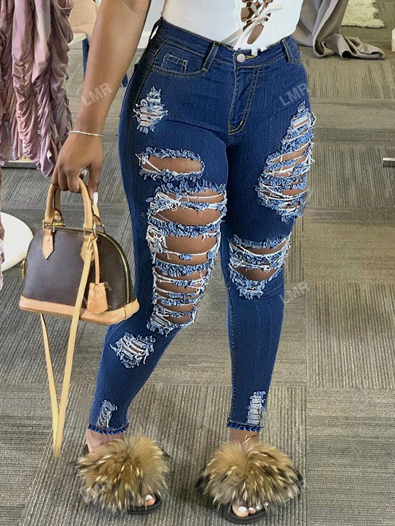 Ladies' Ripped & Skinny & Sexy Jeans With Cropped Hem