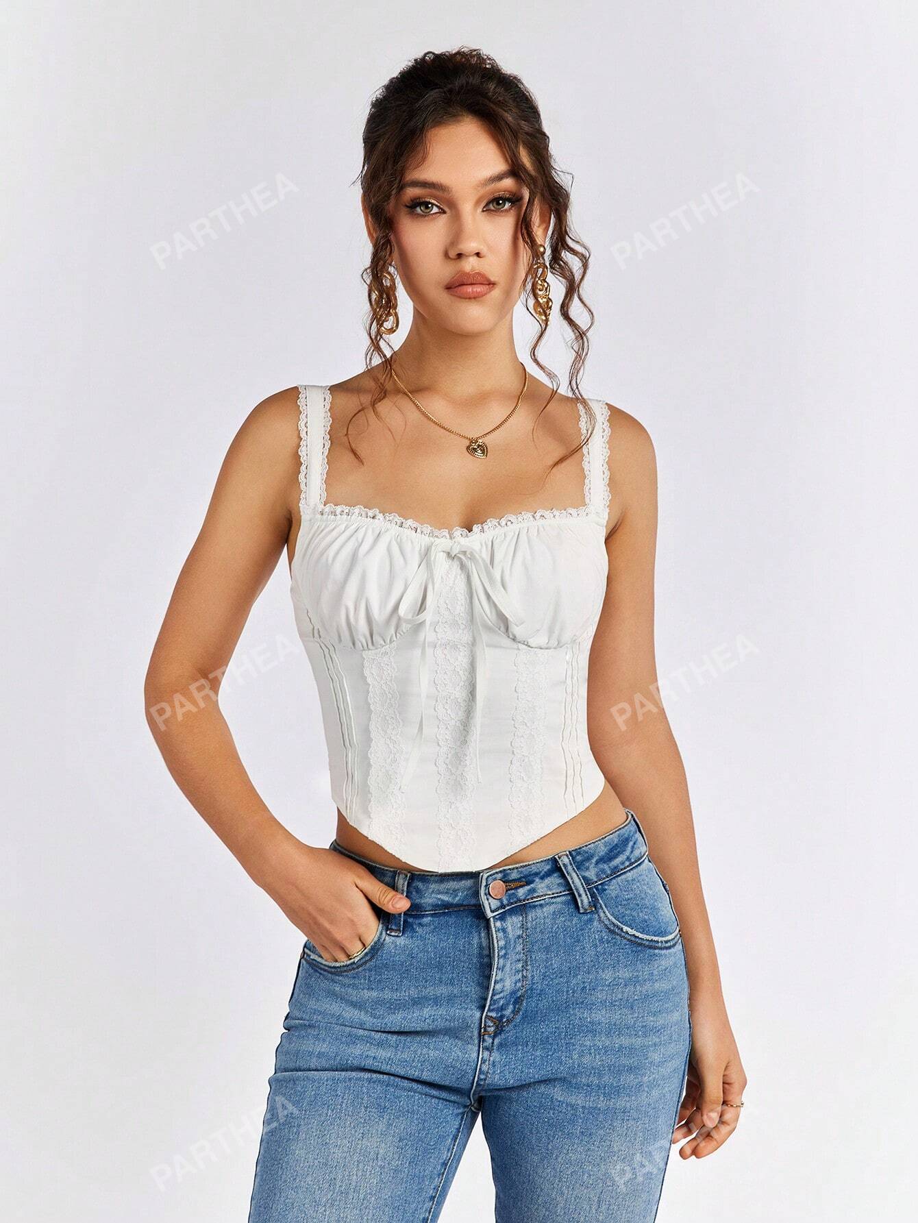 PARTHEA Tie Front Contrast Lace Ruched Crop Tank Top