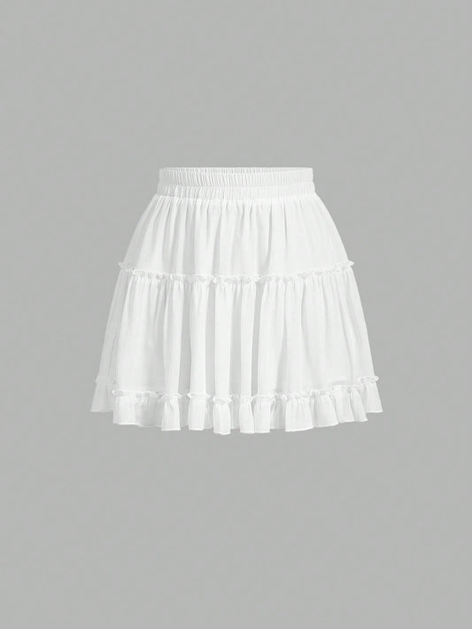 Women's Elastic Waistband A-Line Skirt With Ruffle Hem, White