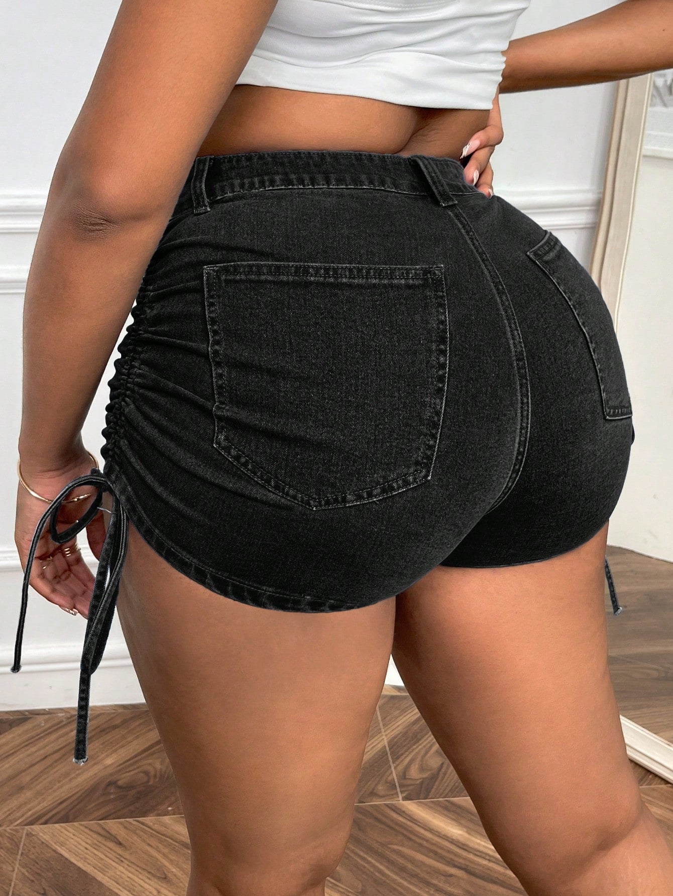 Plus Size Drawstring Side Tight Denim Shorts