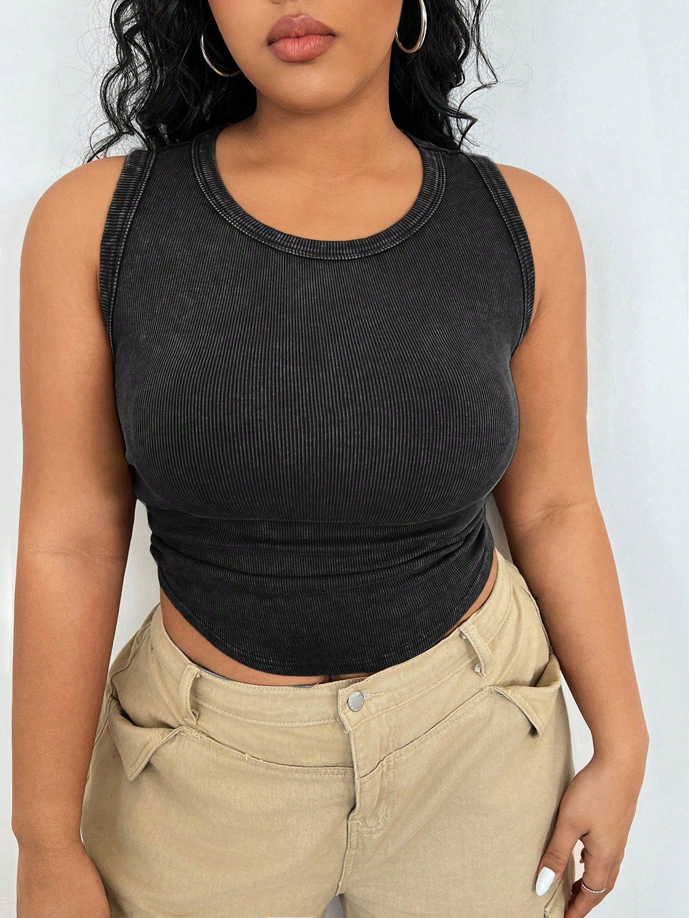 Solid Color Knitted Plus Size Women'S Tight-Fit Tank Top