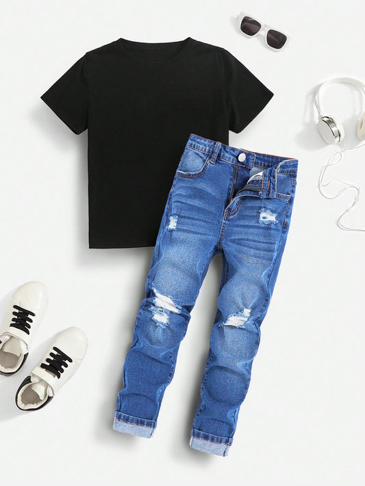 Tween Boy 2pcs/Set Black T-Shirt And Ripped Frayed Washed Blue Denim Jeans Set,For Spring And Summer Tween Boy Outfits