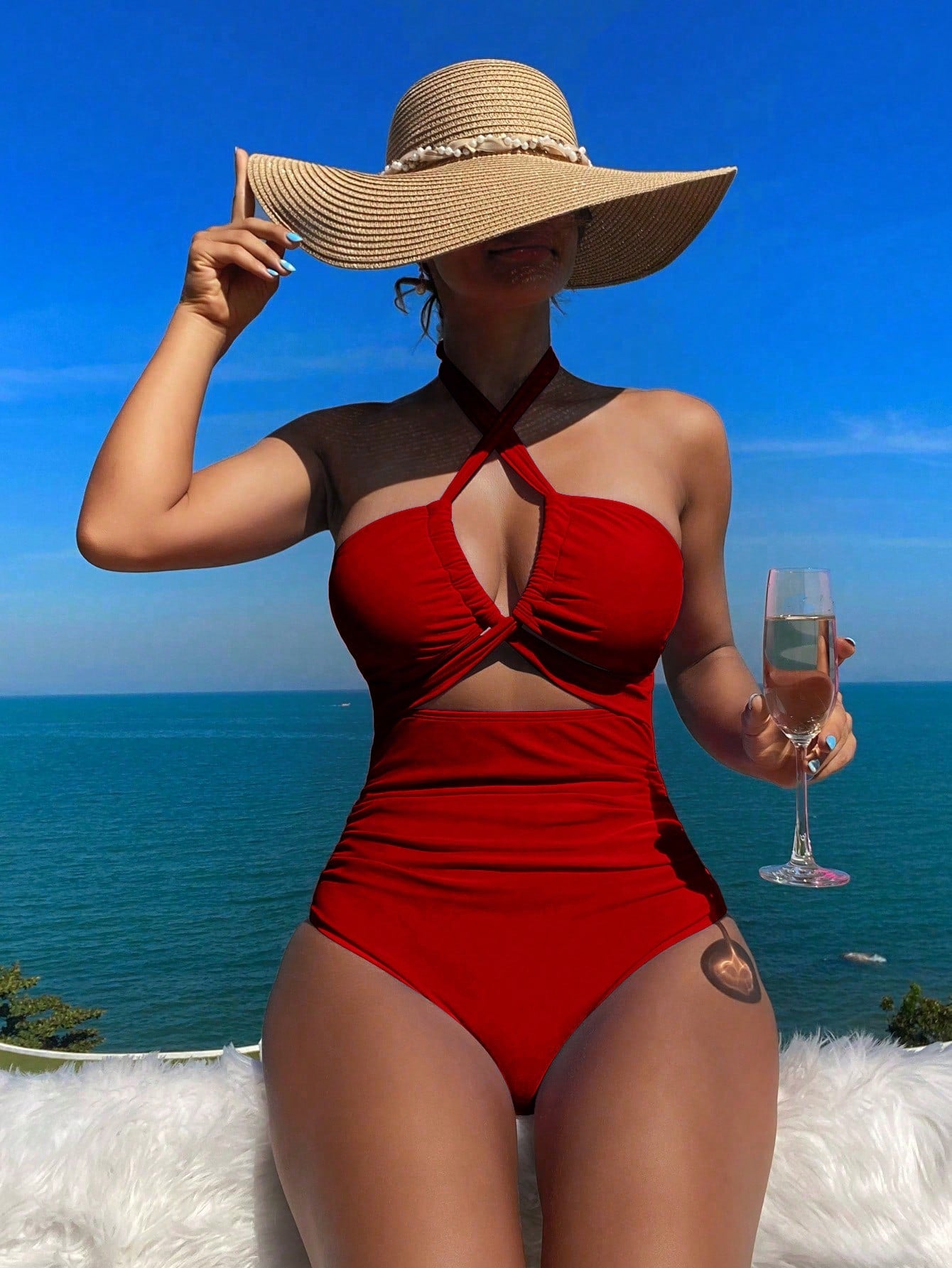 Swim Vcay Summer Beach Solid Color Halter Neck Knotted Cutout One-Piece Swimsuit