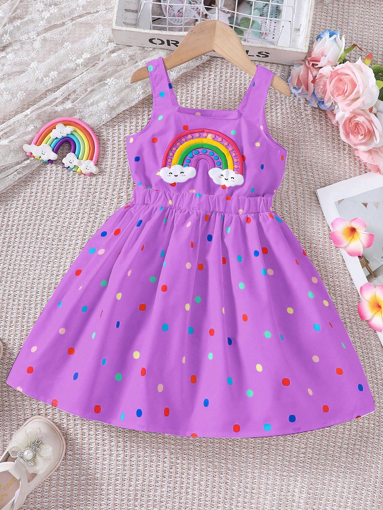 Young Girls' Cute Polka Dot & Rainbow Printed Casual Dress