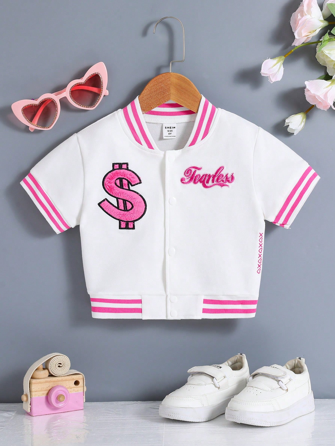 Young Girl Casual Color Block Striped Letter Embroidery Short Sleeve Jacket For Summer