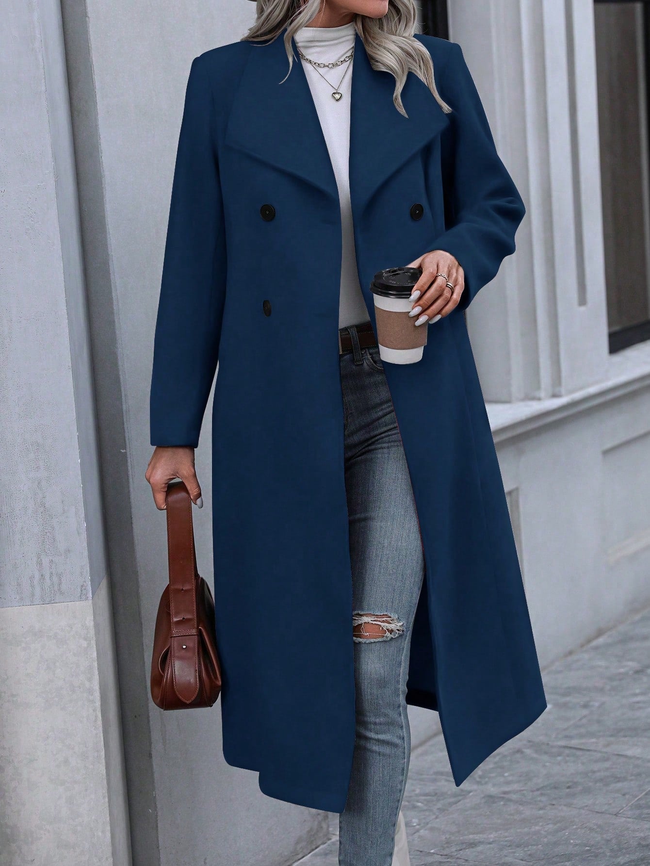 Solid Color Lapel Double-breasted Woolen Coat