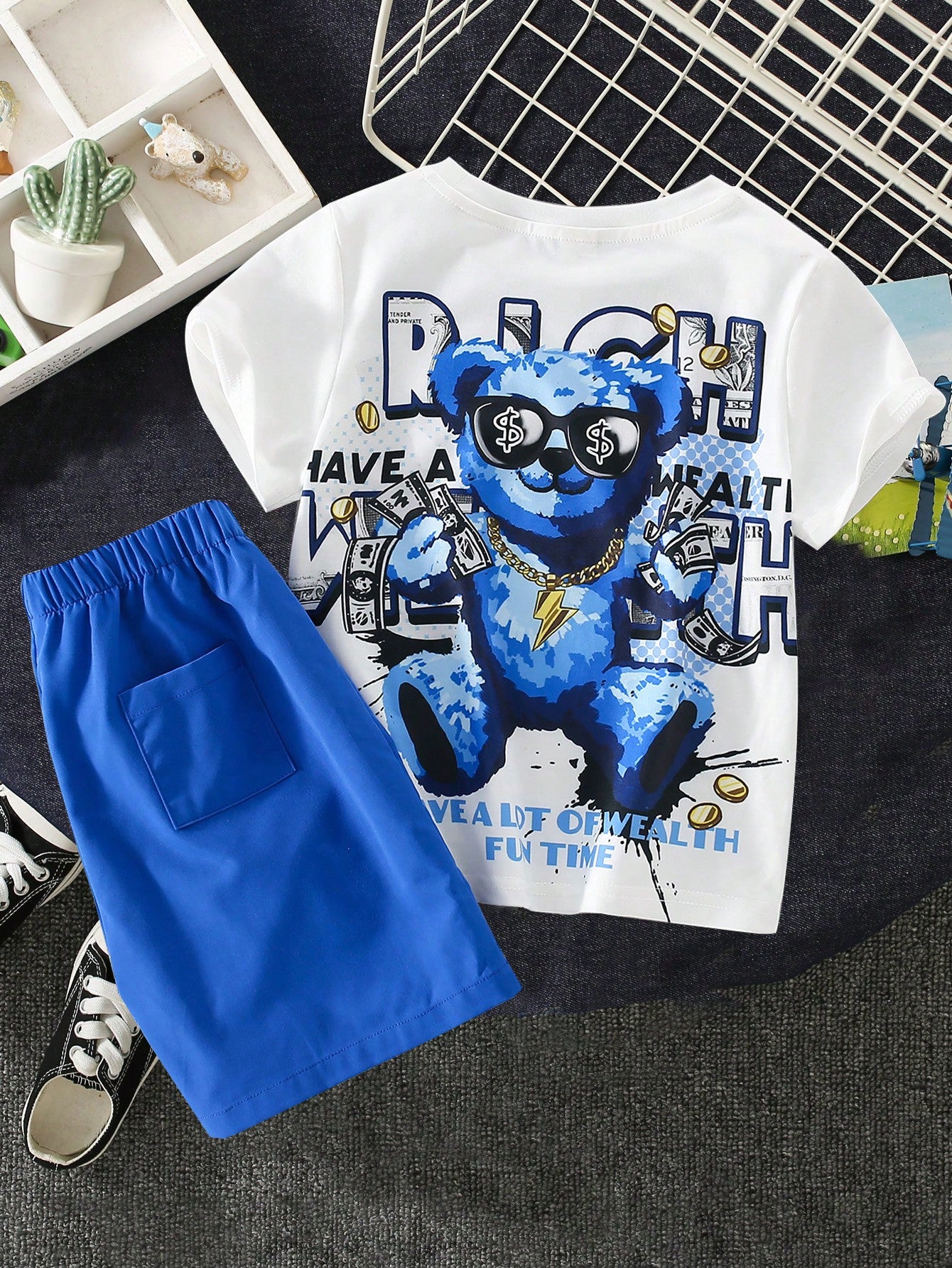 2pcs/Set Young Boy's Comfortable And Fashionable Casual Streetwear, Bear Design Breathable Fabric Short Sleeve And Colorblock Top, Shorts For Spring And Summer