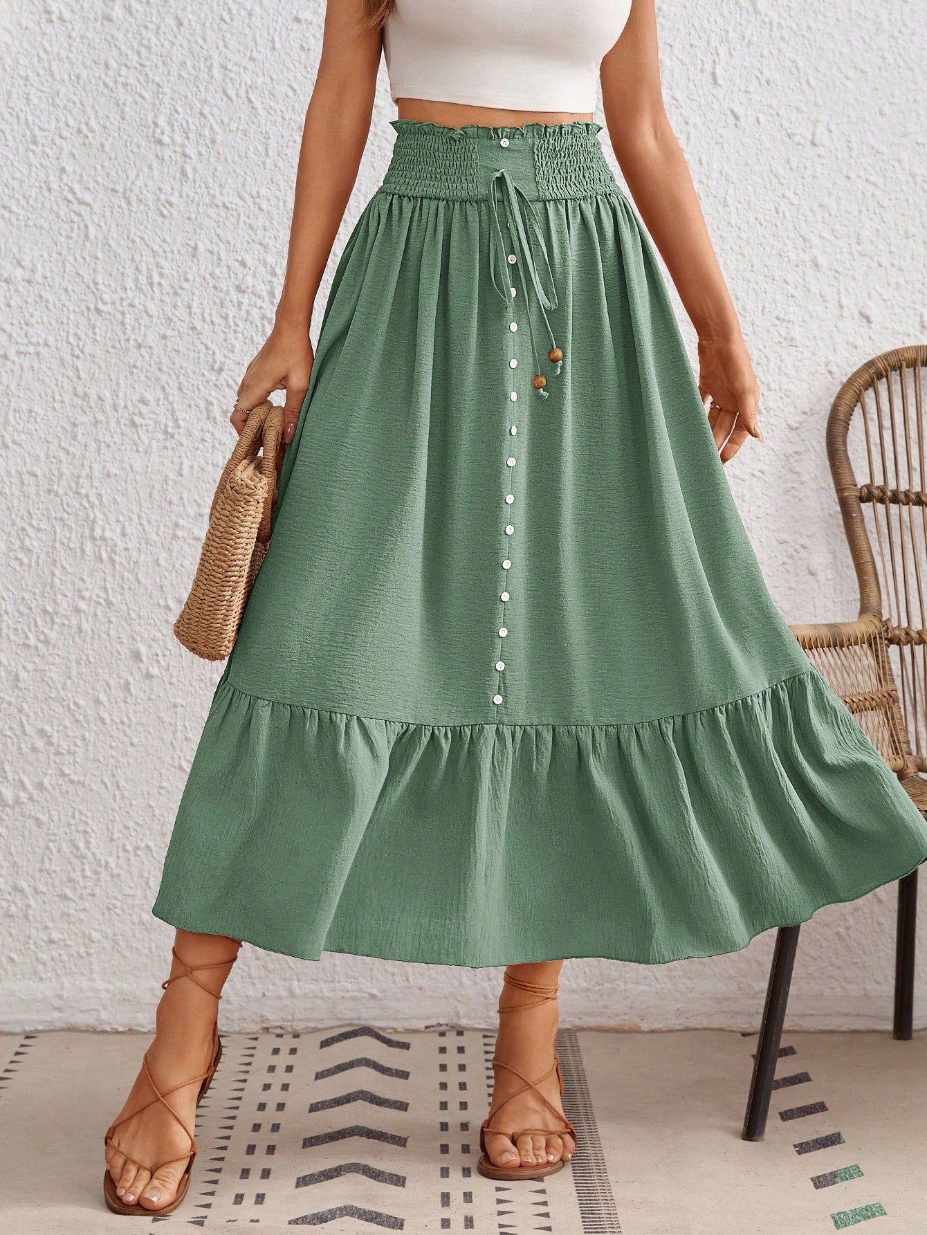 High Waist Button Decoration Vacation Skirt