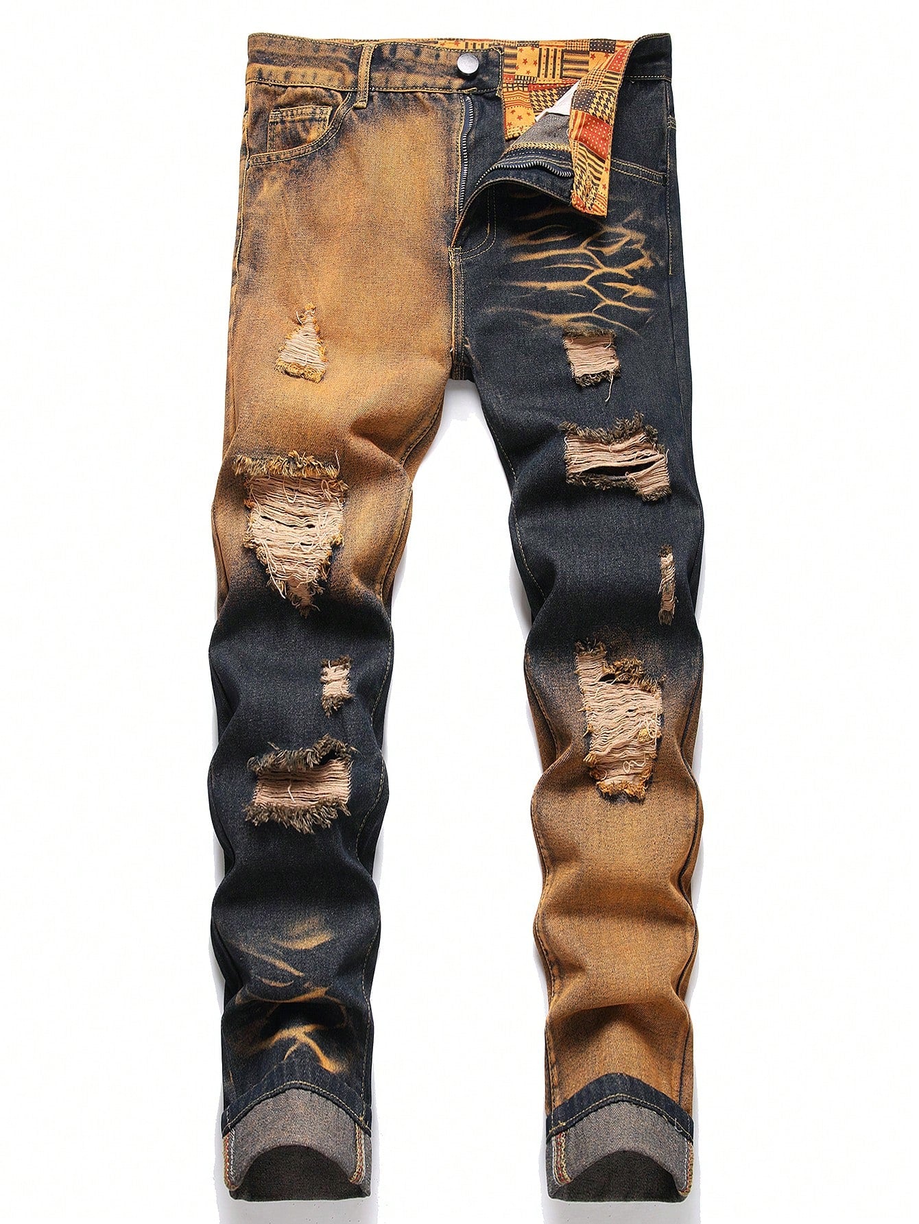 Men Cotton Patchwork Panel Ripped Frayed Bleach Wash Jeans