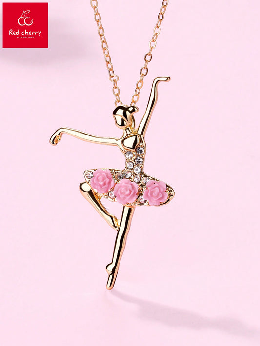 1pc Girls' Ballet Dancer Shaped Zinc Alloy Pendant (Size: 5.5*3.3cm) With Pink Resin Diamond Decor Cute Necklace, Suitable For Daily Wear