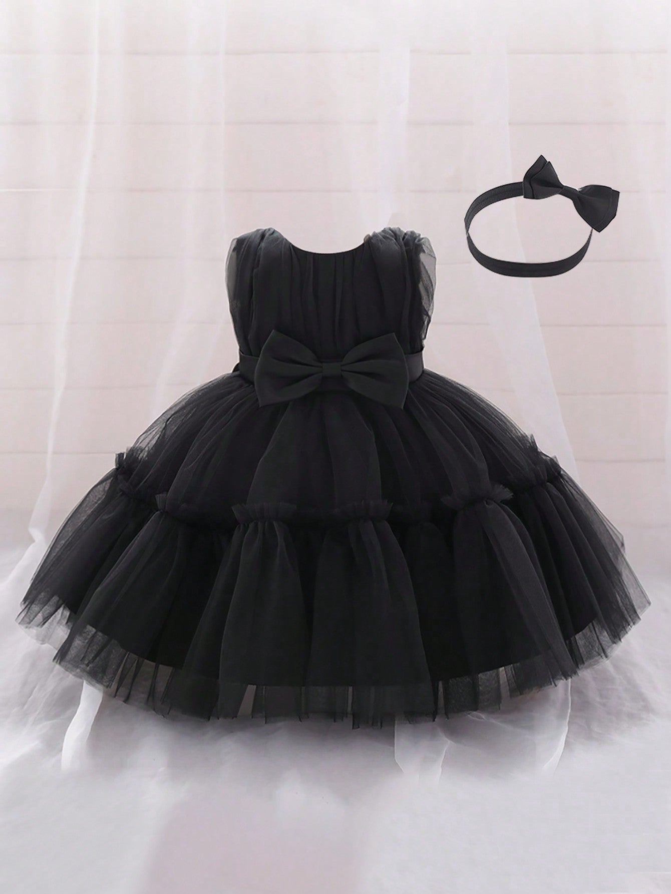 Young Girls' Solid Color Tulle Satin Dress With Waist Bowknot Decorations, Cute & Elegant Formal Dress, Comes With Hair Accessory Gift