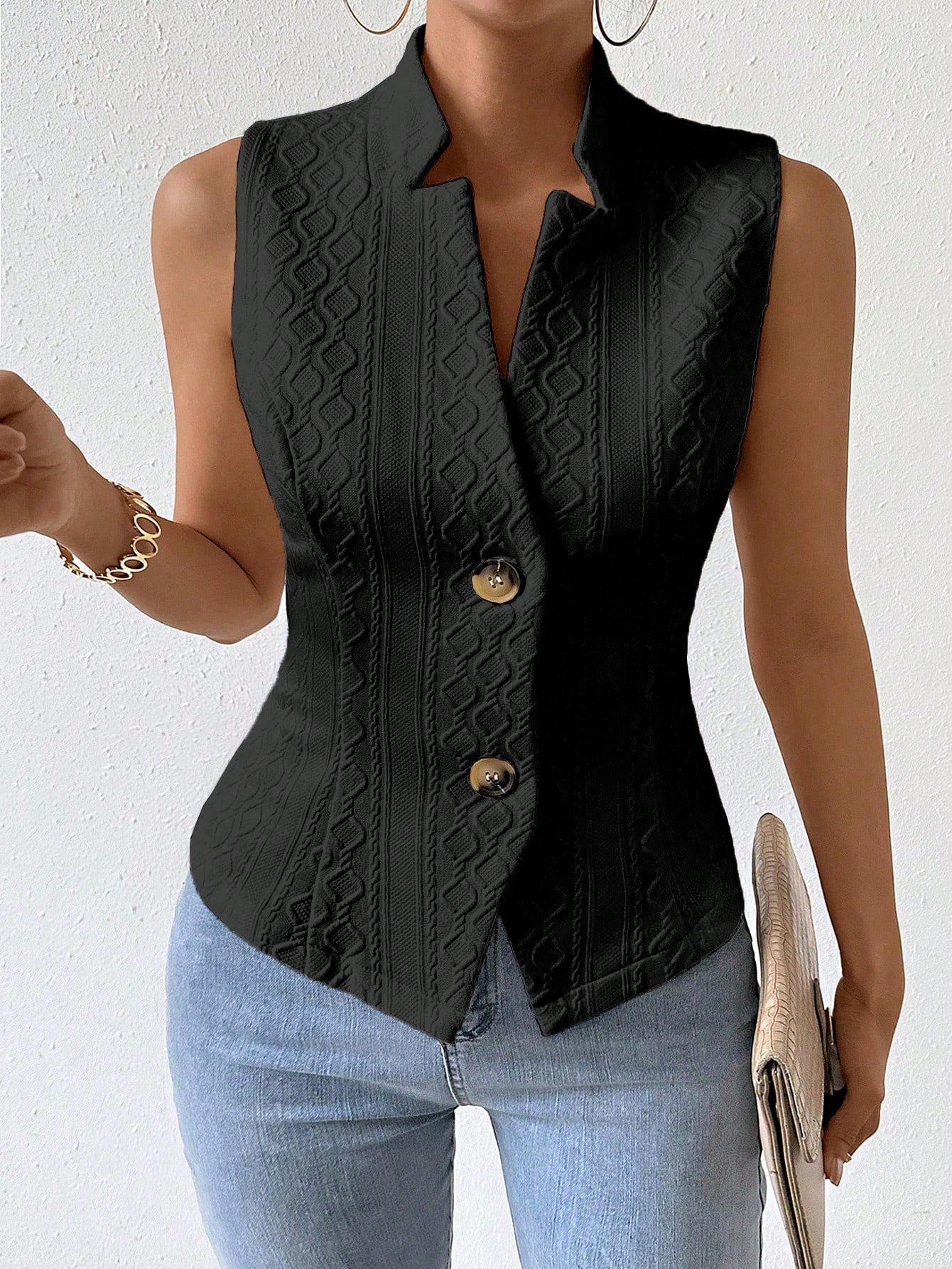 Frenchy Women's Fashionable Diamond Pattern Sleeveless Stand Collar Blazer Jacket