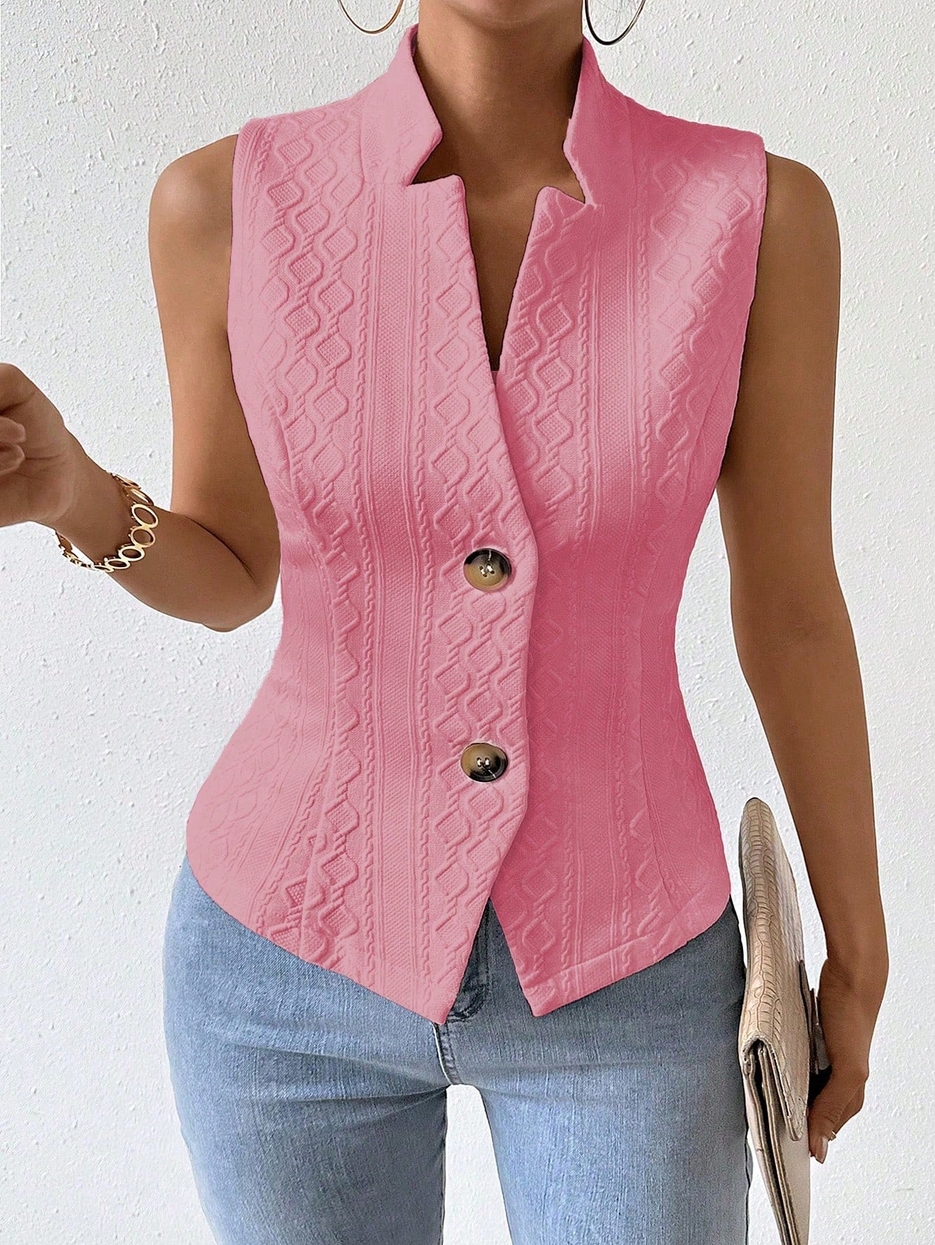 Frenchy Women's Fashionable Diamond Pattern Sleeveless Stand Collar Blazer Jacket