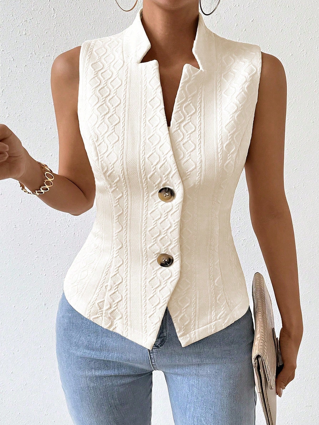 Frenchy Women's Fashionable Diamond Pattern Sleeveless Stand Collar Blazer Jacket