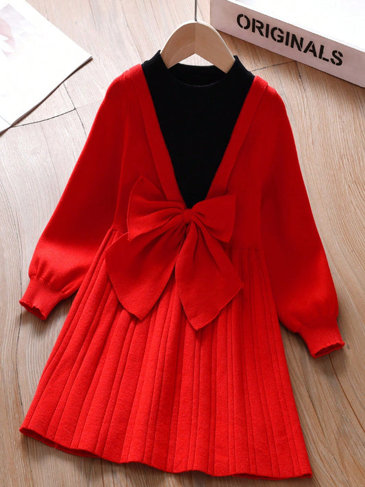 Young Girl New Butterfly Decorated Color Block Long Sleeve Sweater Dress