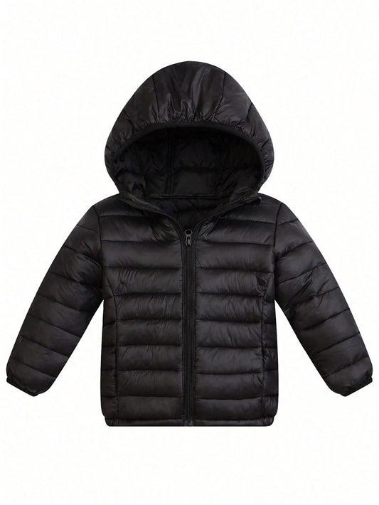 Young Boy's Solid Color Basic Waterproof Hooded Winter Coat With Zipper And Pockets