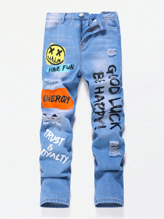 Teen Boy Straight Leg Ripped Frayed Washed Blue Denim Jeans With Slogan And Face Printed , For Spring And Summer Outfits