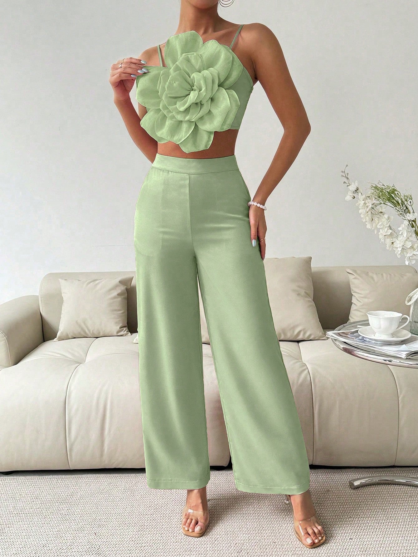 2pcs/Set Floral Printed Shirred Camisole Top And Wide Leg Pants Set