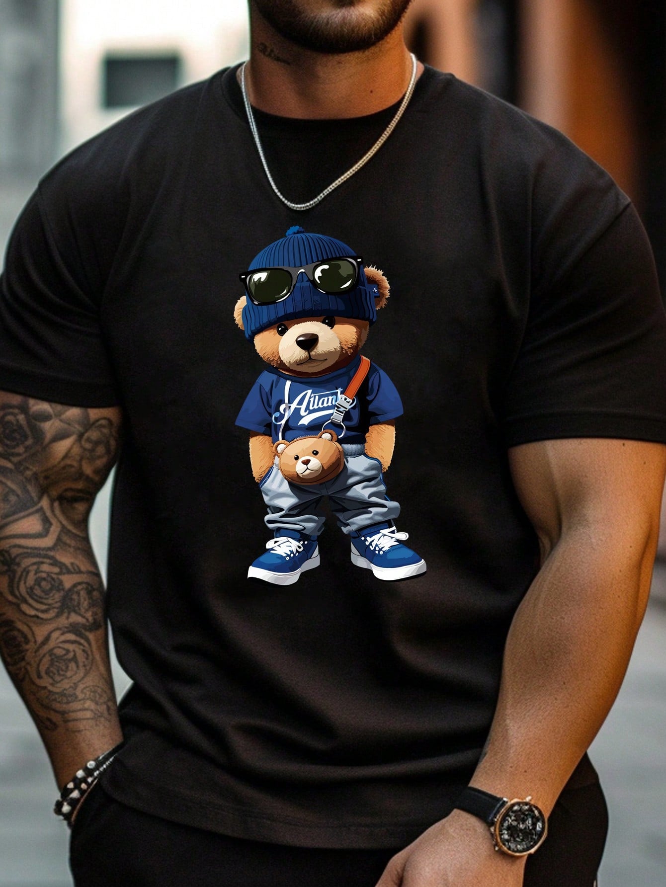 Men's Plus Size Cartoon Bear Printed Knitted Round Neck Short-Sleeved T-Shirt