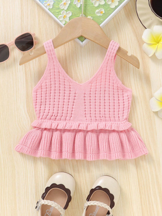 Young Girl Solid Color V-Neck Camisole Sweater With Ruffle Hem