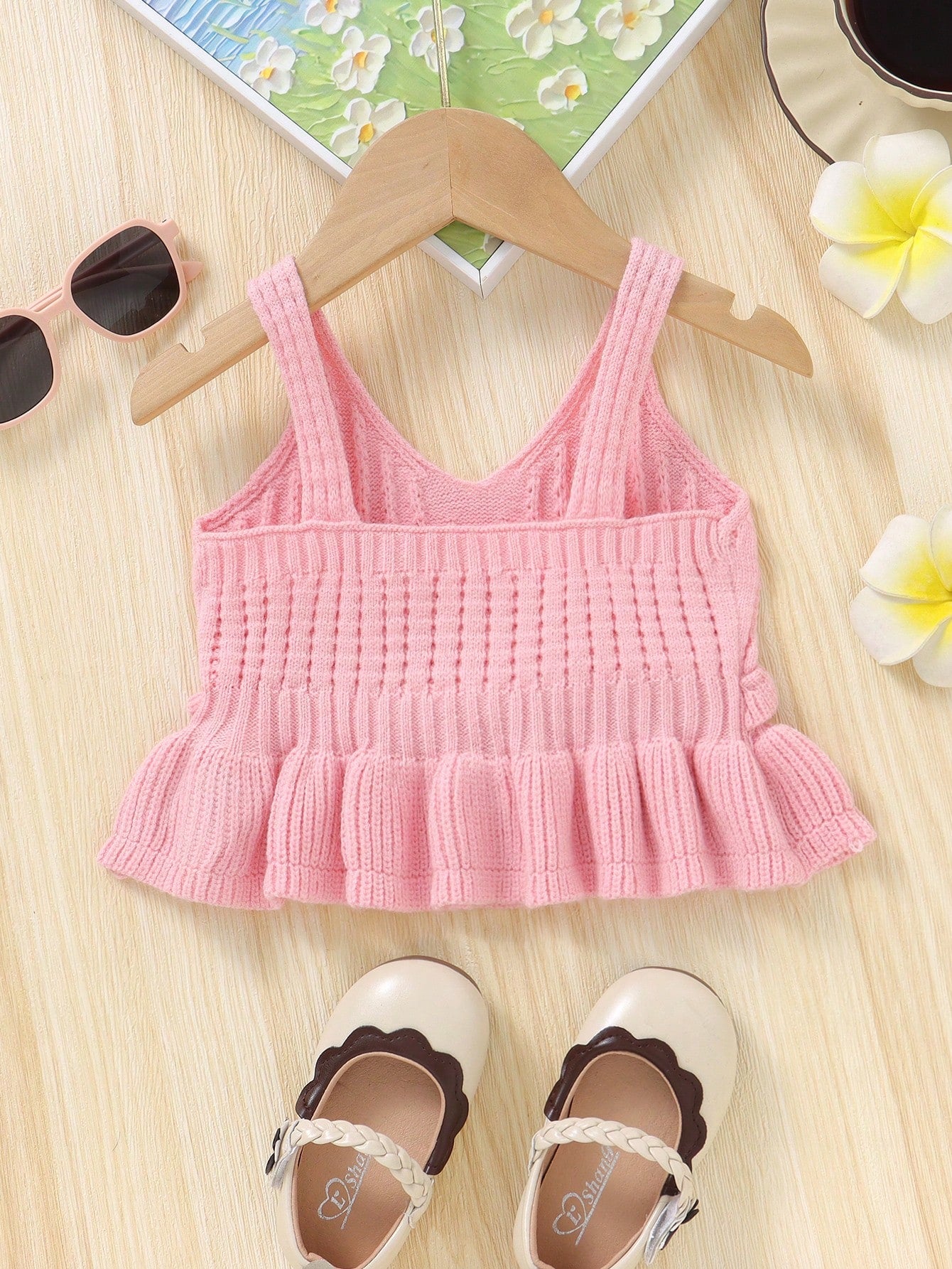 Young Girl Solid Color V-Neck Camisole Sweater With Ruffle Hem