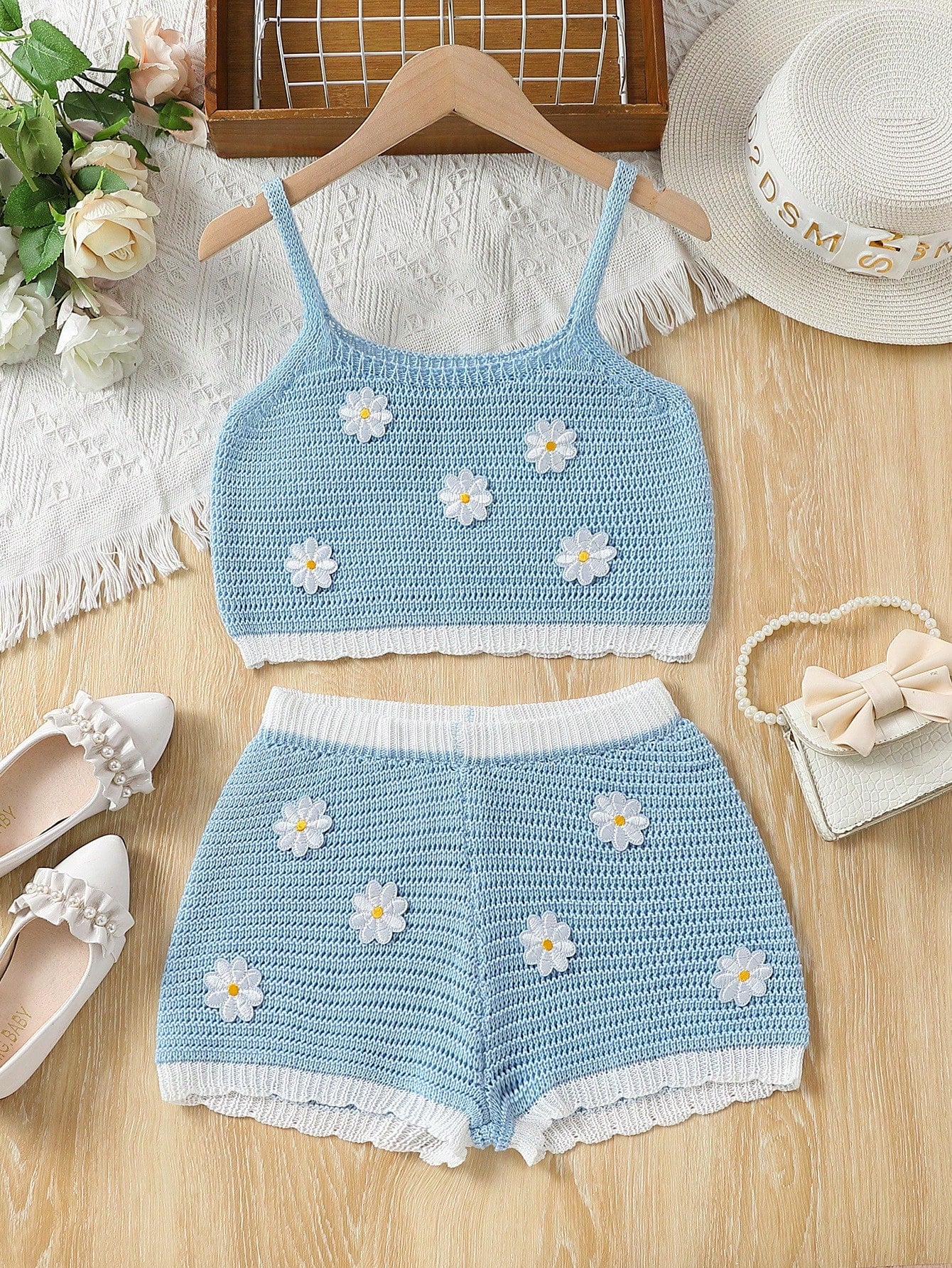 Tween Girl 3d Flower Applique Contrast Trim Sweater 2pcs/Set