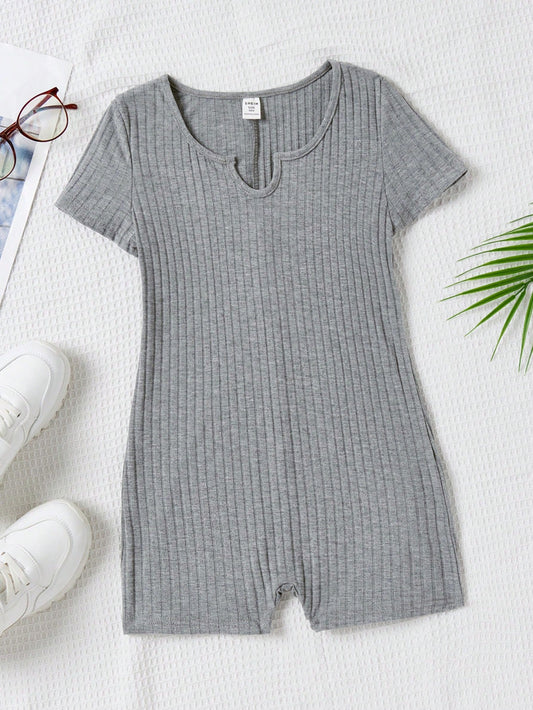 Tween Girls' Sporty Street Knit Solid Color Slim Short Sleeve Romper