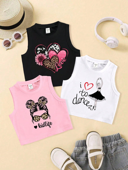 Young Girl Cute Casual Heart & Character Printed Tank Top